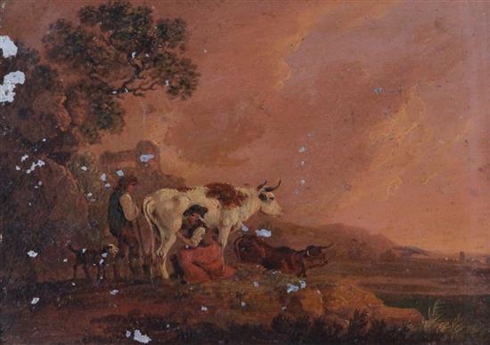 19th century Continental School Shepherd and cattle drovers in a landscape 6 x 8.25in.